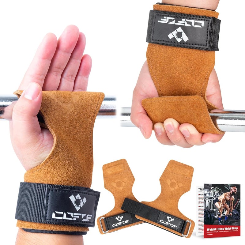 COFOF Weight Lifting Wrist Strap, Double Layer Leather Wrist Strap for Deadlift and Powerlifting, Adjustable Neoprene Padded Gym Workout Lifting Hooks (Pair) - Image 1